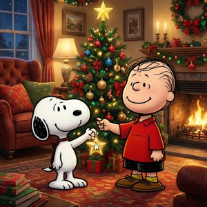Snoopy en Charlie Brown versier saam 'n Kersboom in 'n warm kamer. — Tecno Phantom Muurpapier