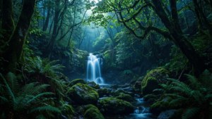 'n Donker bos met 'n versteekte waterval en mosbedekte rotse, magiese atmosfeer. — Donker woud Muurpapier