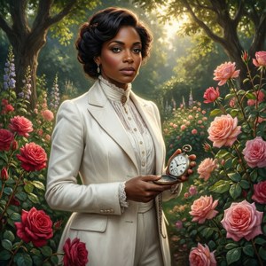 Nea D. Campbell in 'n Victoriaanse tuin met rose — Pixel Watch 5 Muurpapier