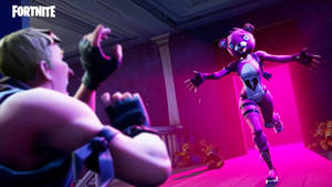 'n Pienk teddiebeer-karakter hardloop na 'n manlike karakter in Fortnite HD-agtergrond.