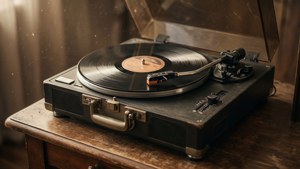 'n Nostalgiese nabyfoto van 'n platespeler met 'n draaiende vinielplaat. — Retro estetika Muurpapier