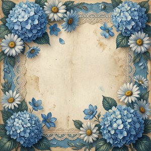 Antieke-styl rand met blou hortensias en kantbesonderhede op getekstureerde papier. — Tecno Phantom Muurpapier