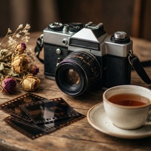 Vintage kamera met filmnegatiewe en gedroogde blomme. — Indie estetiese GIF Muurpapier