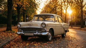 'n Nostalgiese herfsstraat met 'n klassieke motor onder goue uur-lig. — Estetiese herfs Muurpapier