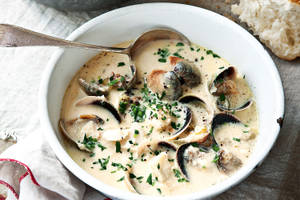 Vis en clam chowder agtergrond — Gedemp Muurpapier