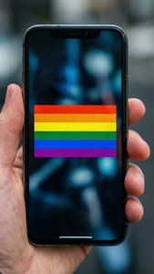Reguit vlag vertoon op slimfoon, hand wat vashou. — iPhone 5 Muurpapier