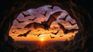 Vlermuise wat uit 'n grot te voorskyn kom teen 'n kleurryke sonsonderganghemel — Halloween estetiek Muurpapier
