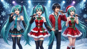 Vocaloid-karakters wat Kerskonsert op sneeubedekte verhoog hou — Anime kersfees Muurpapier
