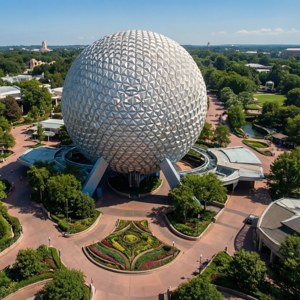 Lugperspektief van die Epcot-bal en omliggende parklandskap. — Pixel Watch 4 Muurpapier
