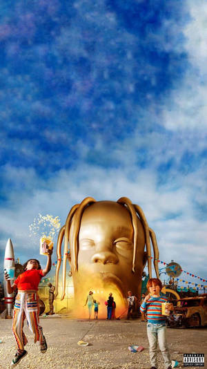 Koel HD Astroworld agtergrond met pretpark en standbeeldkop van Travis Scott.