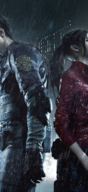 Resident Evil 2 Remake Leon Kennedy en Claire Redfield iPhone agtergrond — iPhone 11 Pro Max Muurpapier