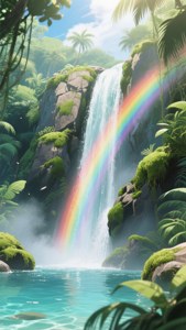 'n Majestueuse anime-waterval met 'n reënboog in die mis. — Anime landskap GIF Muurpapier