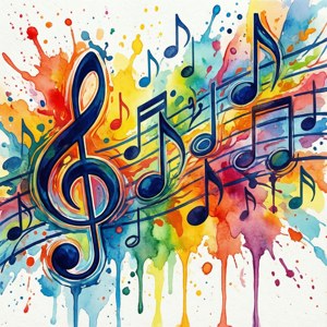 Abstracte waterverfmusieknote met kleurvolle spatsels. — Musiek estetika Muurpapier