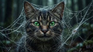 Cheshire Cat vasgevang in 'n spinnerak met gloeiende oë. — Cheshire Cat Muurpapier