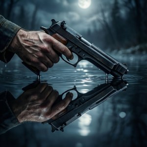 Simmetriese weerkaatsing van 'n hand wat 'n geweer in water vashou. — Tecno Phantom Muurpapier