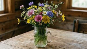 Knus rustieke plakpapier van wildeblomme in 'n mason-fles op hout. — Blom esteties Muurpapier