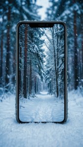 iPhone 11 in sneeu met winterbos-agtergrond