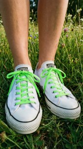 Wit Converse sneakers met neon veters op gras, somer gemaklike styl muurpapier. — Somer estetika Muurpapier