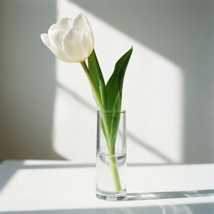 'n Eenvoudige, elegante rangskikking van 'n wit tulp in water, wat suiwerheid en minimalisme beklemtoon. — Blom esteties Muurpapier