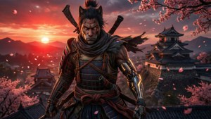 Sekiro staan bo-op Ashina-kasteel teen sonsondergang, 'n oomblik van kalmte voor die geveg.