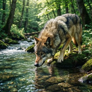 Wolf wat uit stroompie drink in groen woud, rustige en realistiese natuur toneel. — Pixel Watch 4 Muurpapier