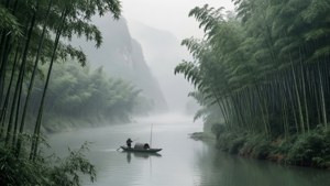 ’n Mistige Yangtze-rivier met bamboes en ’n eensame visserman