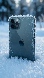 iPhone 11 Pro Max begrawe in sneeu met rypbesonderhede en winteragtergrond.