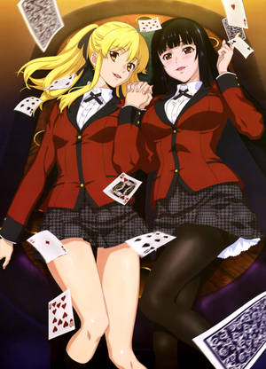 Kakegurui-muurpapier van karakters Yumeko Jabami wat hande vashou met medestudent Mary Saotome. — OnePlus Pad 3 Muurpapier