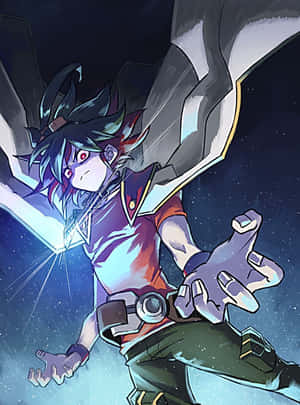 Yuya Sakaki wat 'n dinamiese houding aanneem in sy Duel Monsters-uitrusting — Kindle Muurpapier